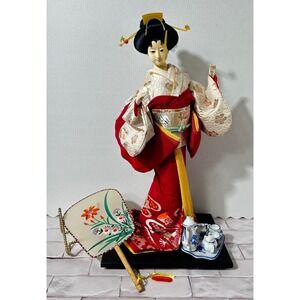 Vintage Japanese Geisha Doll Silk Kimono Miniature Tea Set Porcelain Fan 12in